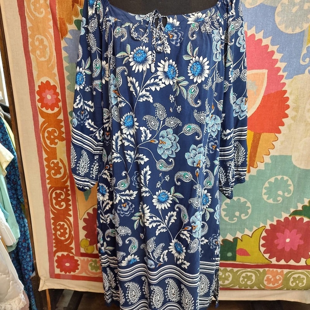 Blue Off the Shoulder Sundress with Bishop Sleeves